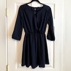 Lush faux wrap mini Summer dress solid navy blue with elastic waist S
